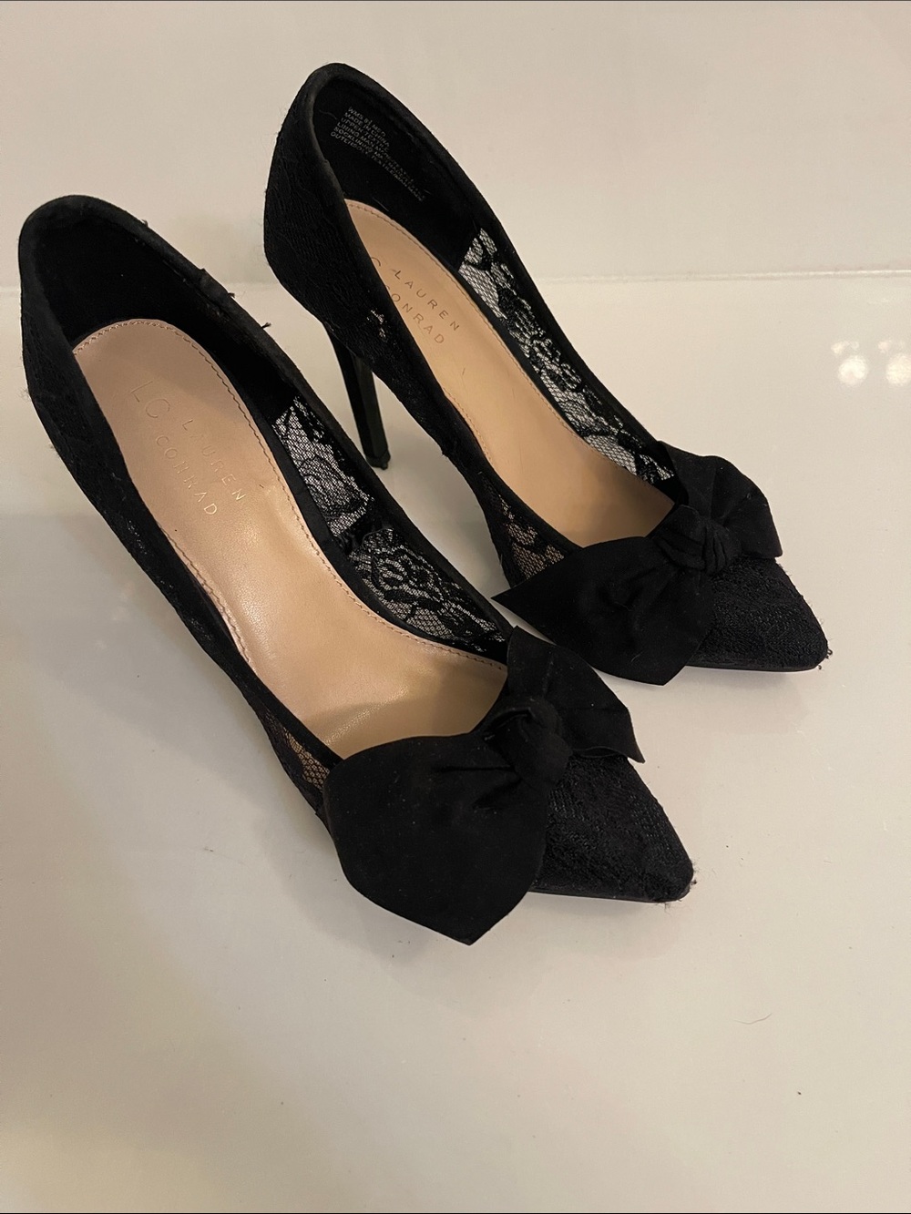 LC Lauren Conrad Black Lace Pointed-Toe Bow Stiletto Heels